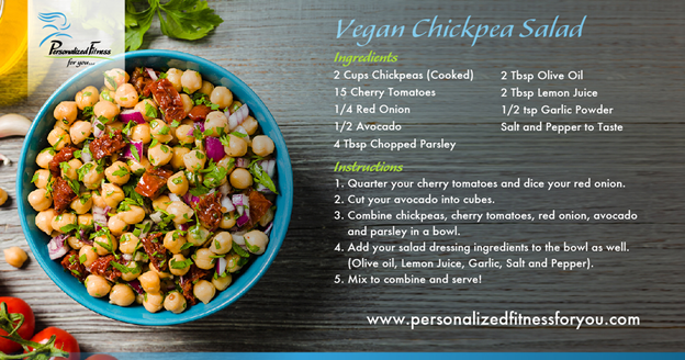 Vegan Chickpea Salad recipe with ingredients and instructions on a dark wood background