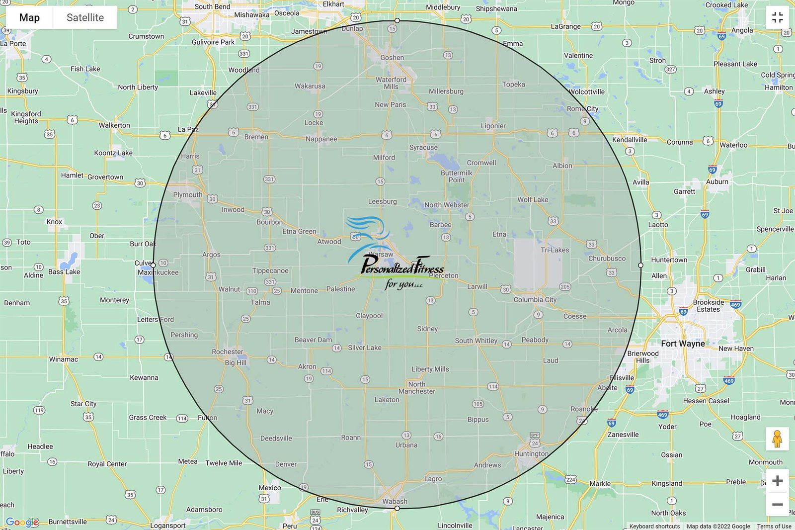 Map showing a service area centered on Warsaw, Indiana, with a large circular boundary around nearby towns and Fort Wayne on the edge