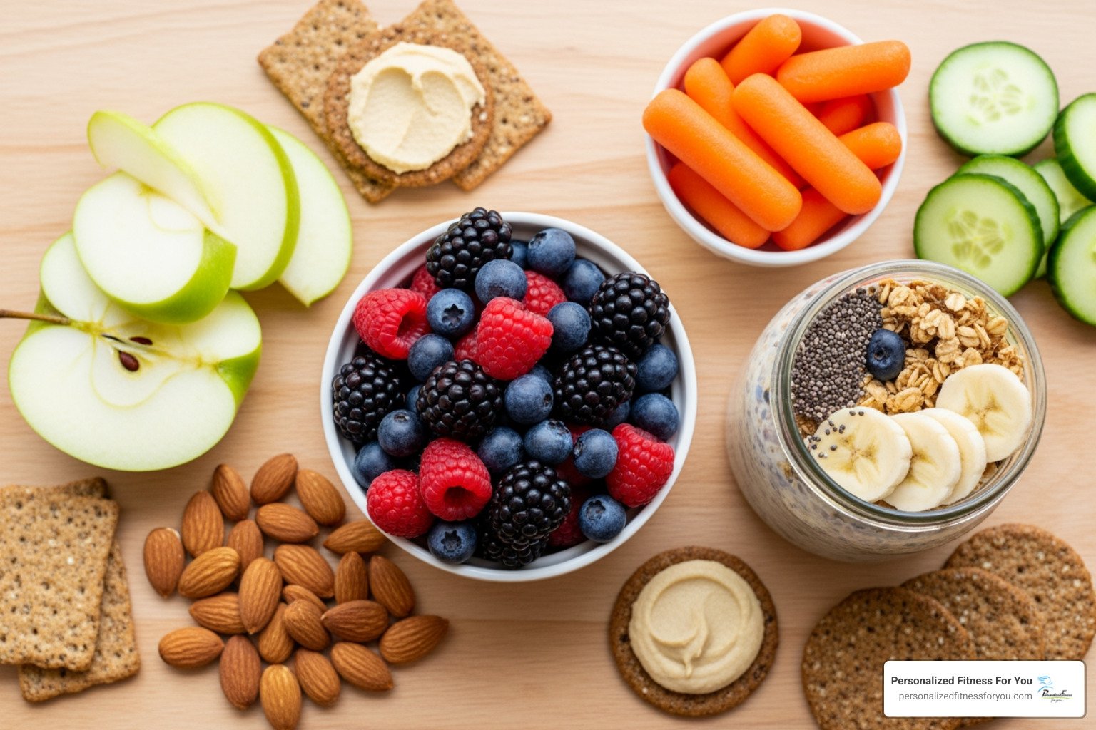 Healthy snacks including fruit, vegetables, nuts, crackers, and a berry chia parfait