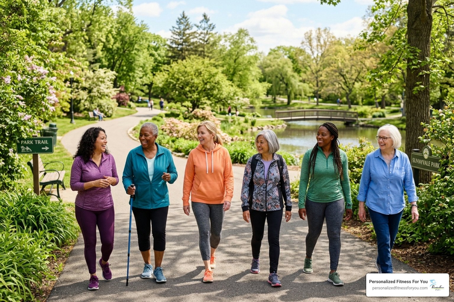 Six women walking together on a park trail beside a pond and bridge