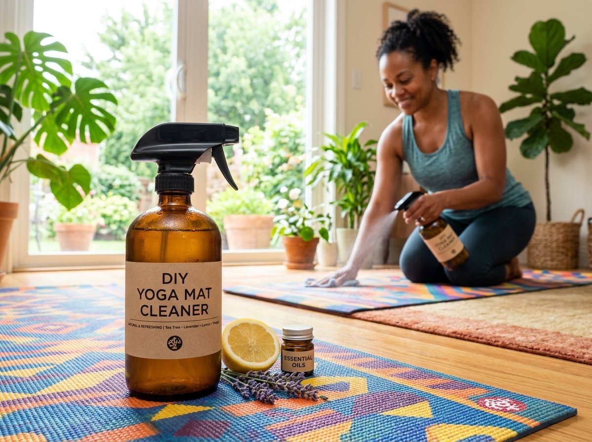 DIY yoga mat cleaner spray bottle in the foreground, with a woman cleaning a yoga mat in the background