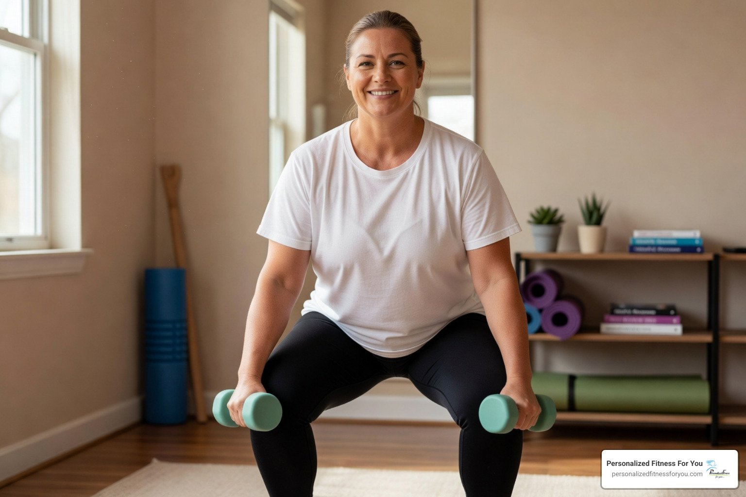 Woman doing a squat with dumbbells in a home workout room